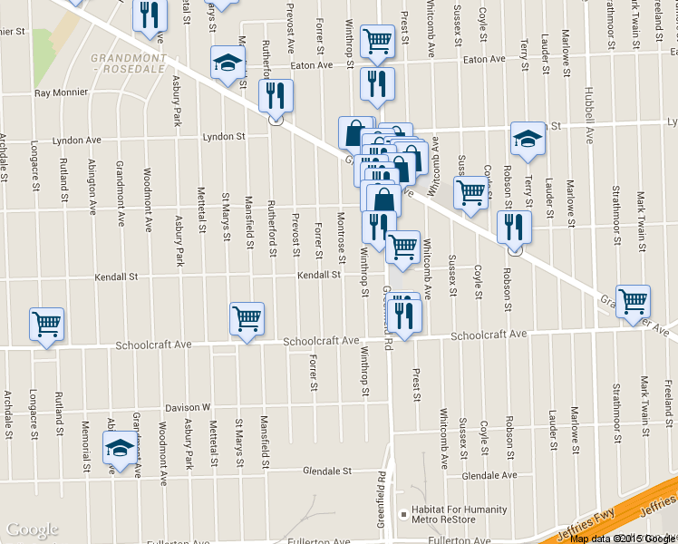 map of restaurants, bars, coffee shops, grocery stores, and more near 14145 Montrose Street in Detroit