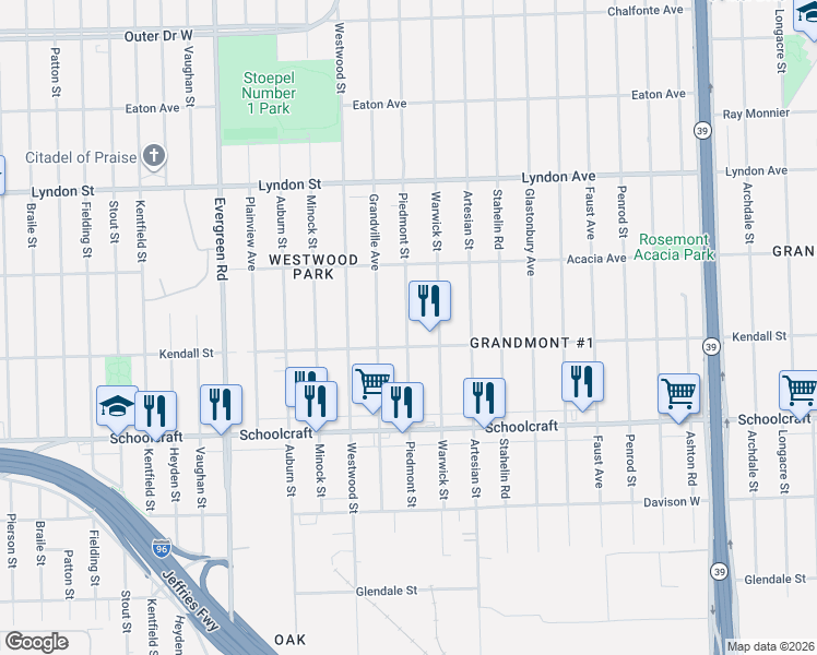 map of restaurants, bars, coffee shops, grocery stores, and more near 14177 Warwick Street in Detroit