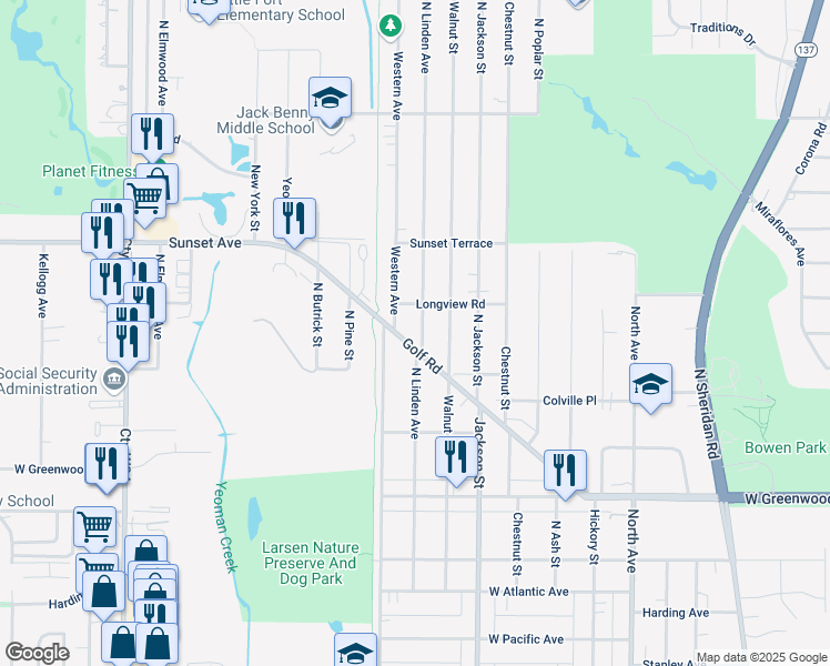 map of restaurants, bars, coffee shops, grocery stores, and more near 1111 Longview Road in Waukegan