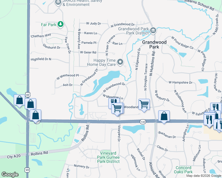 map of restaurants, bars, coffee shops, grocery stores, and more near 36351 North Grandwood Drive in Gurnee