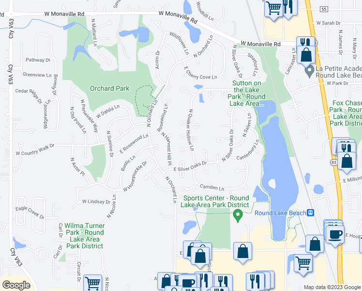 map of restaurants, bars, coffee shops, grocery stores, and more near 222 Churchill Court in Round Lake