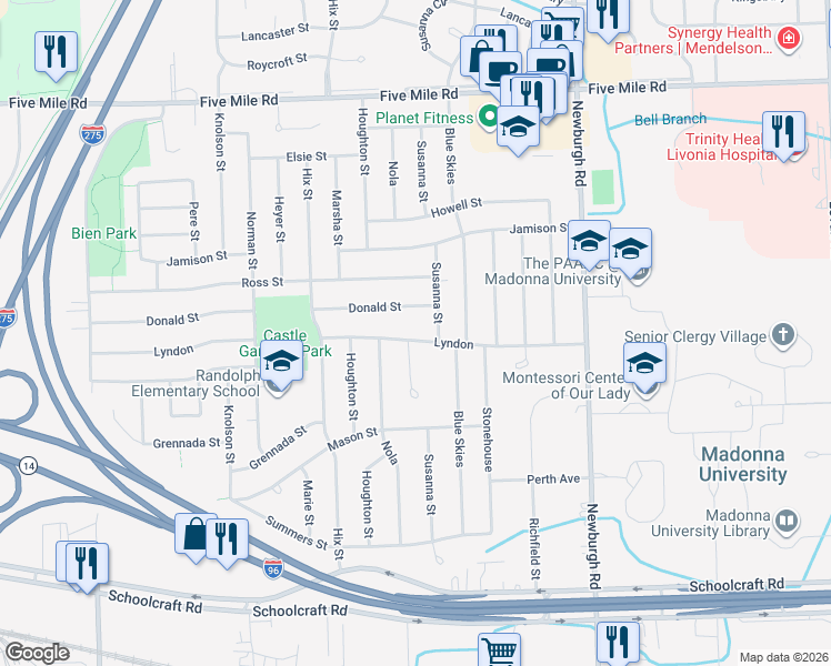 map of restaurants, bars, coffee shops, grocery stores, and more near 37959 Donald Street in Livonia
