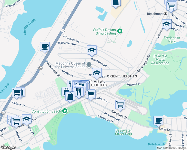 map of restaurants, bars, coffee shops, grocery stores, and more near 145 Gladstone Street in Boston