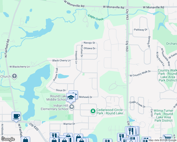 map of restaurants, bars, coffee shops, grocery stores, and more near 2315 North Lotus Drive in Round Lake Heights