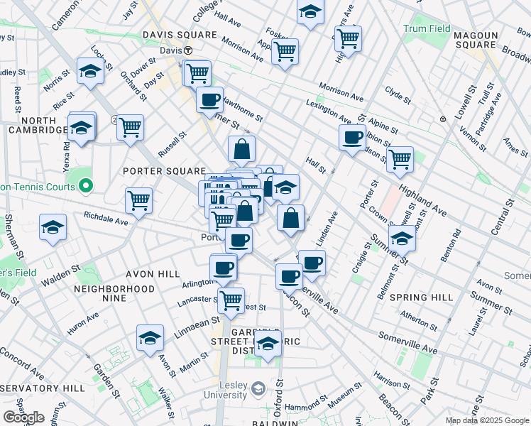 map of restaurants, bars, coffee shops, grocery stores, and more near 98 Elm Street in Somerville