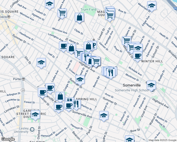 map of restaurants, bars, coffee shops, grocery stores, and more near 219 Highland Avenue in Somerville
