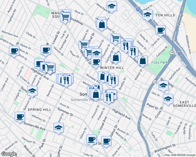 map of restaurants, bars, coffee shops, grocery stores, and more near 9 Thurston Street in Somerville