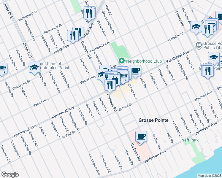 map of restaurants, bars, coffee shops, grocery stores, and more near 740 Cadieux Road in Grosse Pointe