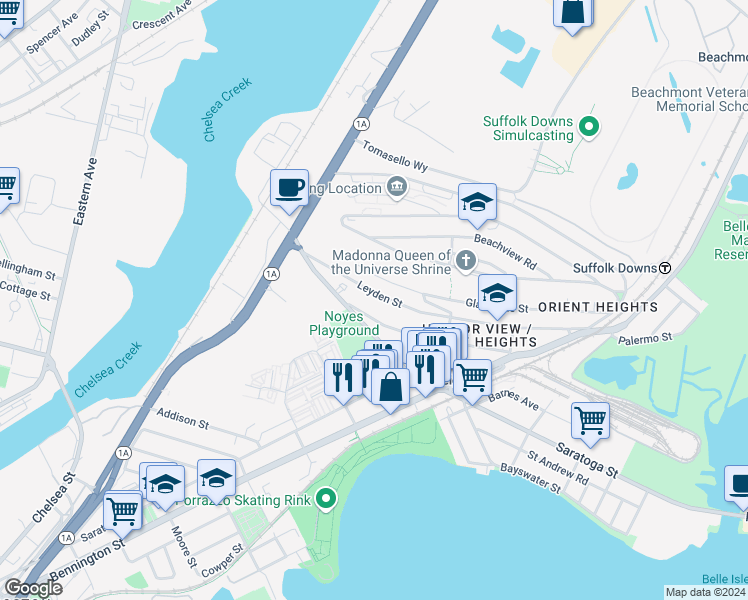 map of restaurants, bars, coffee shops, grocery stores, and more near 60 Leyden Street in Boston