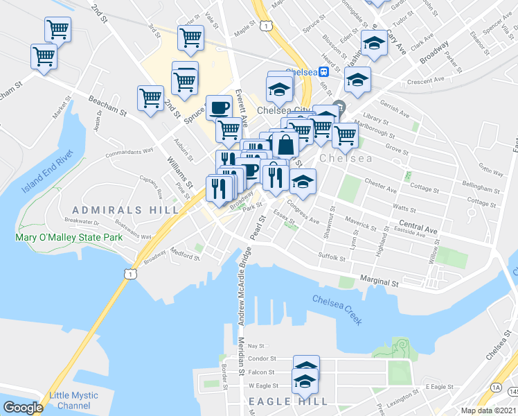 map of restaurants, bars, coffee shops, grocery stores, and more near 177 Winnisimmet Street in Chelsea
