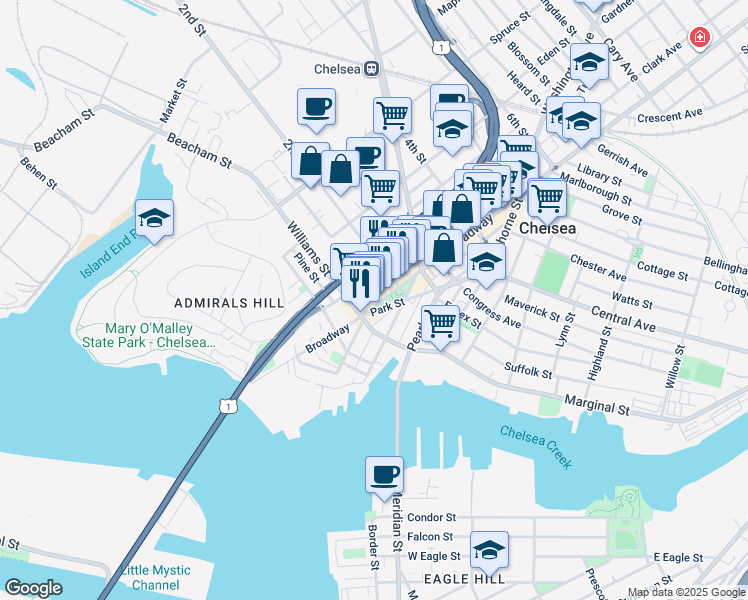 map of restaurants, bars, coffee shops, grocery stores, and more near 59 Cherry Street in Chelsea