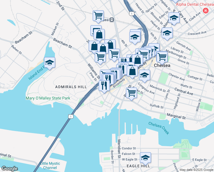 map of restaurants, bars, coffee shops, grocery stores, and more near 72 Chestnut Street in Chelsea