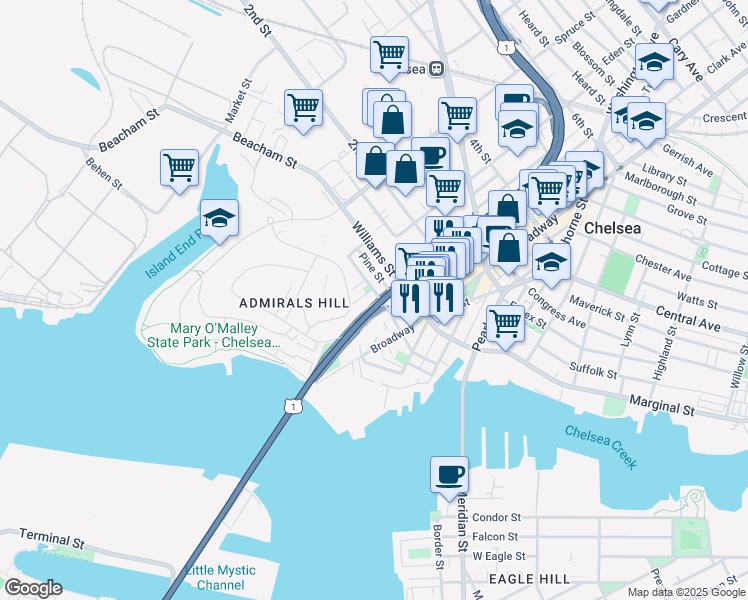 map of restaurants, bars, coffee shops, grocery stores, and more near 95 Beacon Street in Chelsea