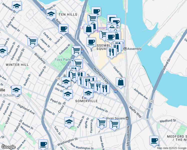 map of restaurants, bars, coffee shops, grocery stores, and more near 5 Middlesex Avenue in Somerville