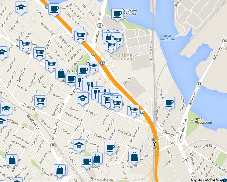map of restaurants, bars, coffee shops, grocery stores, and more near 11 Connecticut Avenue in Somerville