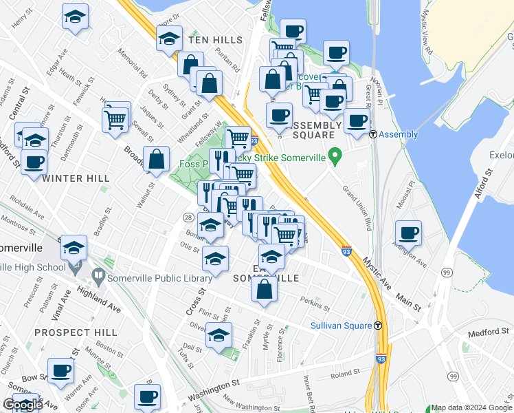 map of restaurants, bars, coffee shops, grocery stores, and more near 38 Cross Street East in Somerville