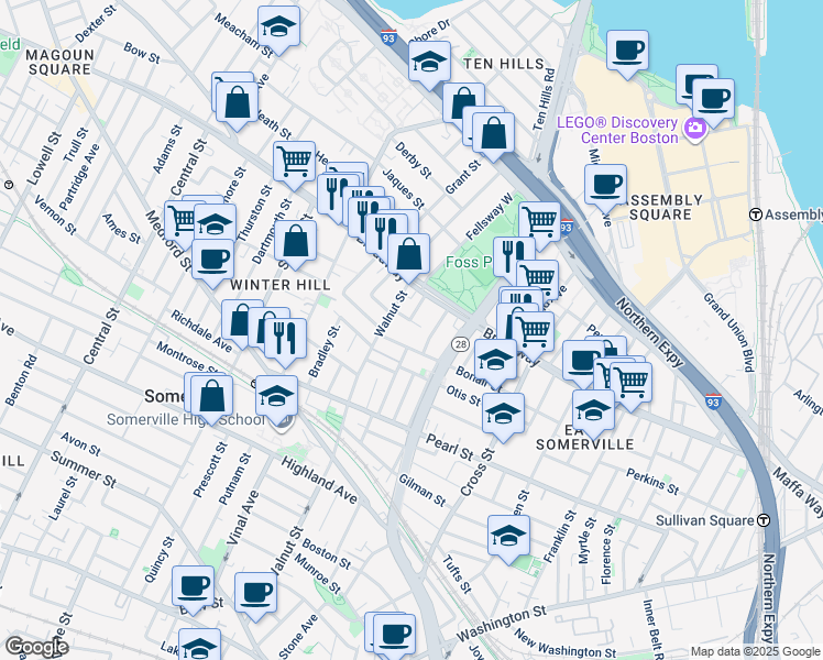 map of restaurants, bars, coffee shops, grocery stores, and more near 6 Wellington Avenue in Somerville