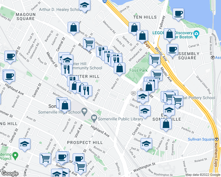 map of restaurants, bars, coffee shops, grocery stores, and more near 47 Sargent Avenue in Somerville