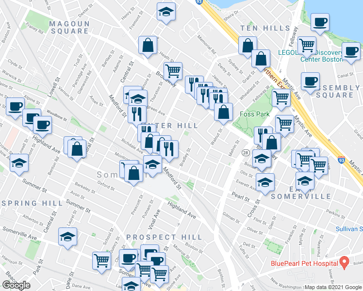 map of restaurants, bars, coffee shops, grocery stores, and more near 60B Marshall Street in Somerville