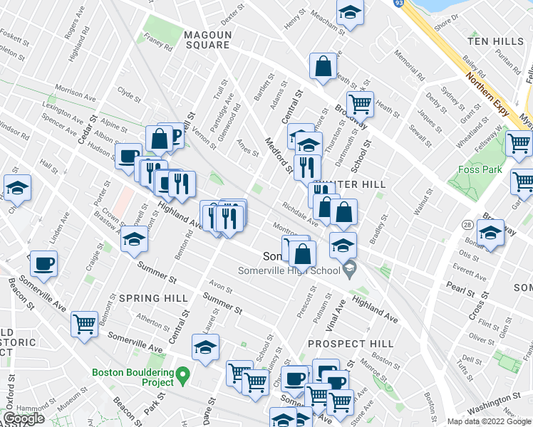 map of restaurants, bars, coffee shops, grocery stores, and more near 111 Central Street in Somerville