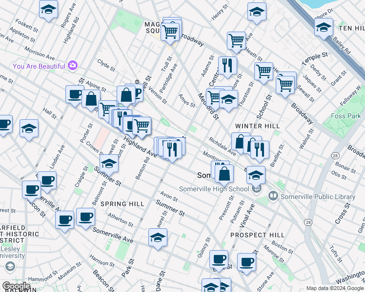 map of restaurants, bars, coffee shops, grocery stores, and more near 7 Albion Street in Somerville