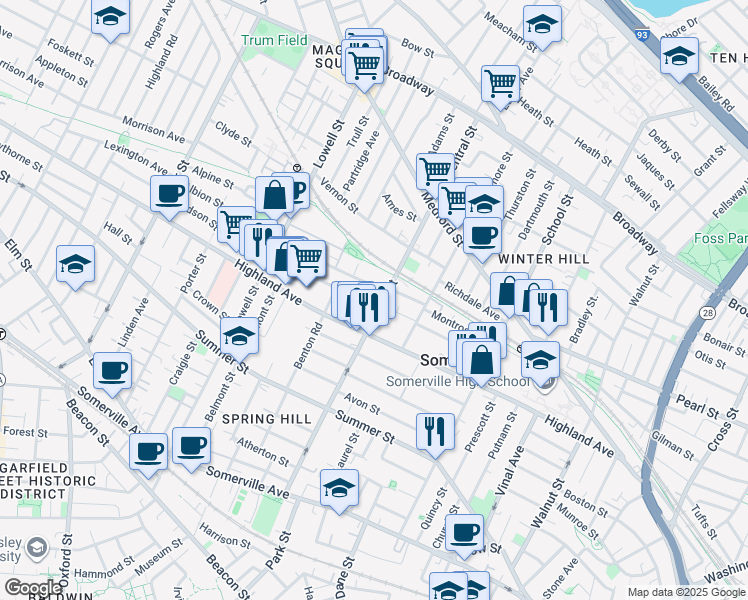 map of restaurants, bars, coffee shops, grocery stores, and more near 7 Albion Street in Somerville