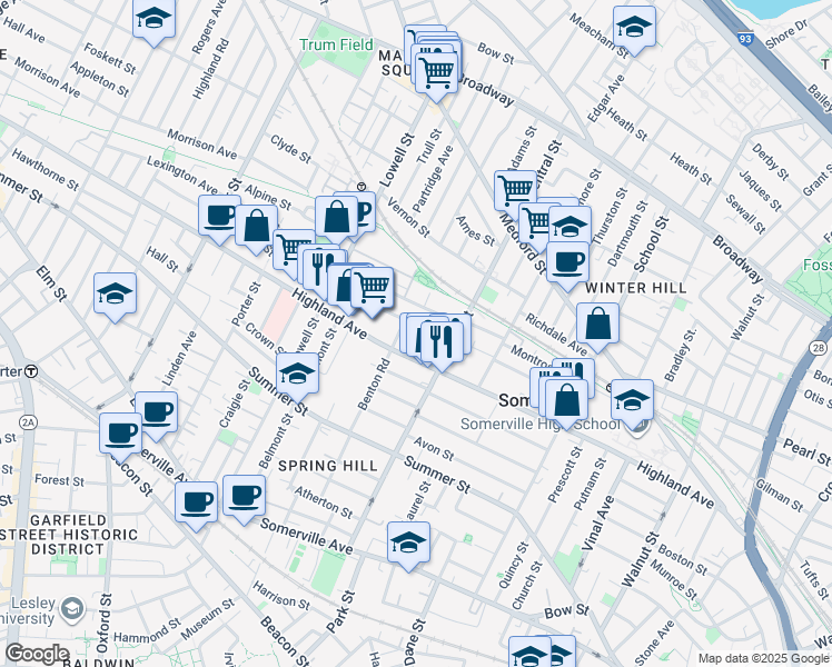 map of restaurants, bars, coffee shops, grocery stores, and more near 31 Hudson Street in Somerville