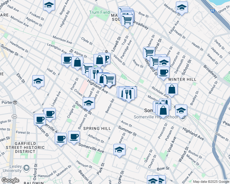 map of restaurants, bars, coffee shops, grocery stores, and more near 31 Hudson Street in Somerville