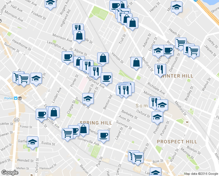 map of restaurants, bars, coffee shops, grocery stores, and more near 191 Highland Avenue in Somerville