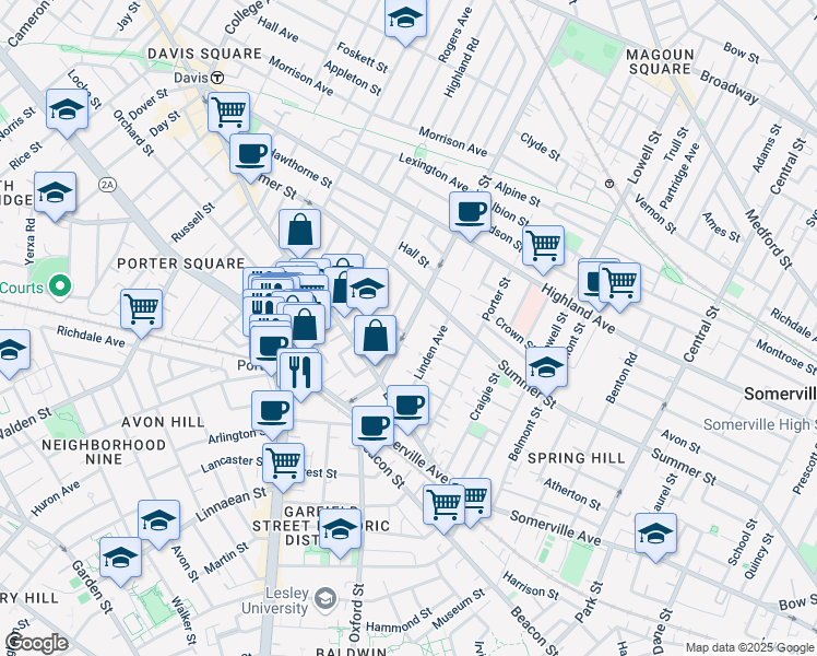 map of restaurants, bars, coffee shops, grocery stores, and more near 21 Ashland Street in Somerville