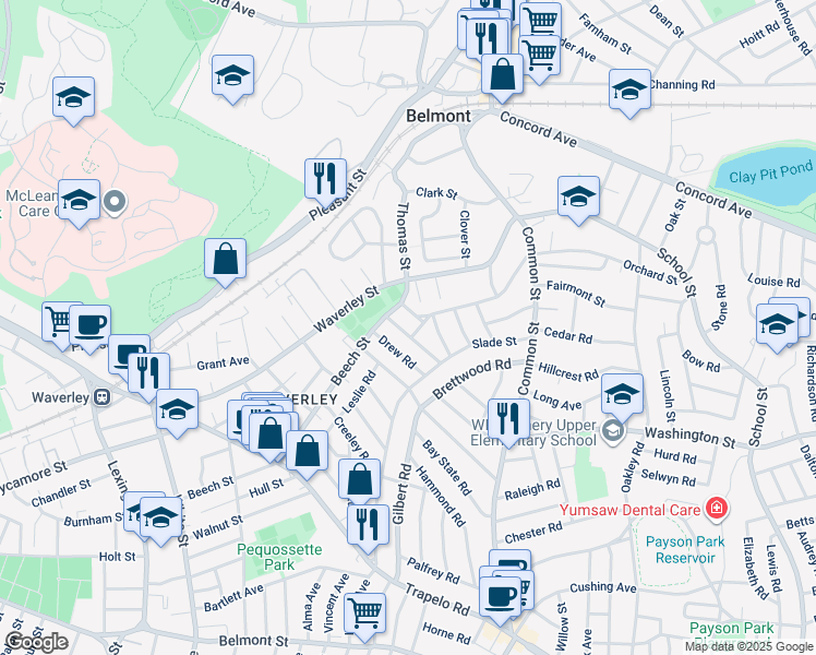 map of restaurants, bars, coffee shops, grocery stores, and more near 285 Beech Street in Belmont