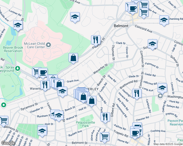 map of restaurants, bars, coffee shops, grocery stores, and more near 13 Prince Street in Belmont