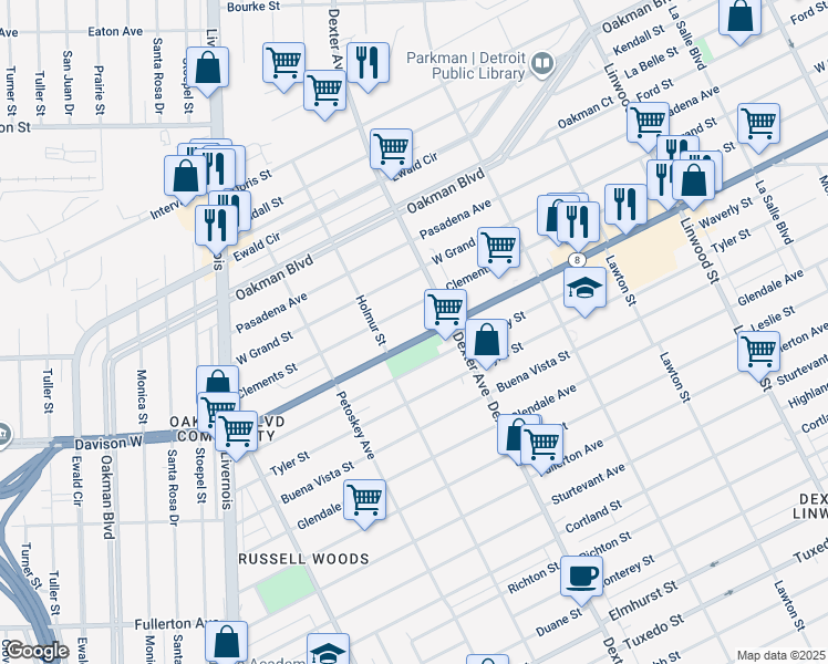 map of restaurants, bars, coffee shops, grocery stores, and more near 3779 Clements Street in Detroit