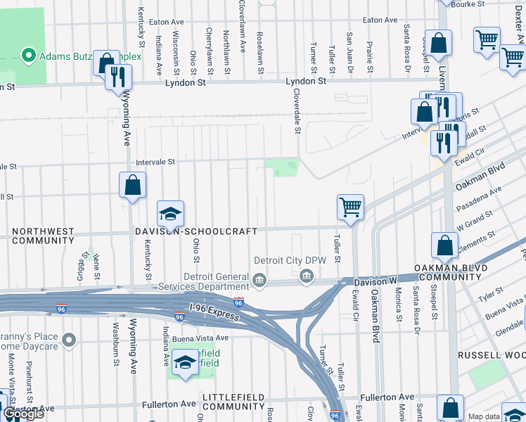map of restaurants, bars, coffee shops, grocery stores, and more near 13991 Roselawn Street in Detroit