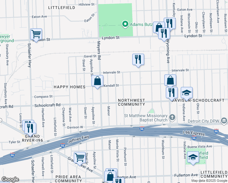 map of restaurants, bars, coffee shops, grocery stores, and more near 14016 Manor in Detroit