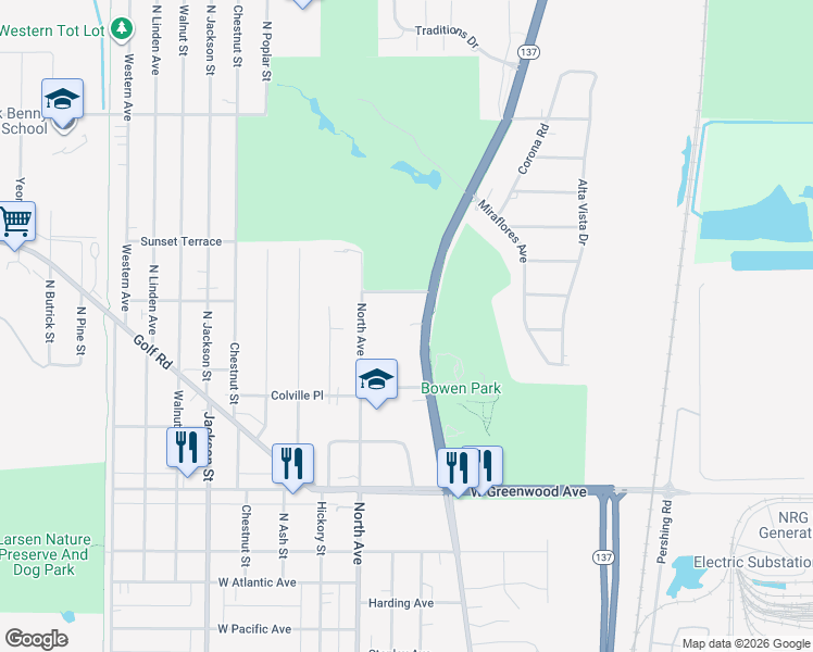 map of restaurants, bars, coffee shops, grocery stores, and more near 2048 North Sheridan Road in Waukegan