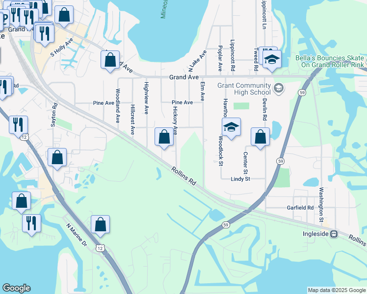 map of restaurants, bars, coffee shops, grocery stores, and more near 53 Hickory Avenue in Fox Lake