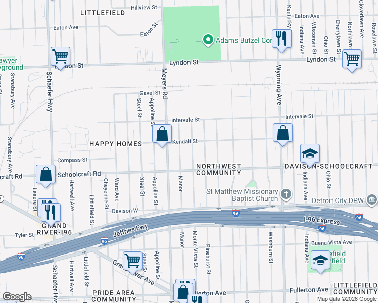 map of restaurants, bars, coffee shops, grocery stores, and more near 14016 Manor in Detroit