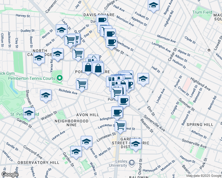 map of restaurants, bars, coffee shops, grocery stores, and more near 1972 Massachusetts Avenue in Cambridge