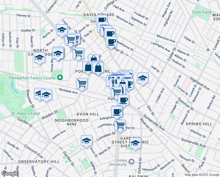 map of restaurants, bars, coffee shops, grocery stores, and more near 1972 Massachusetts Avenue in Cambridge