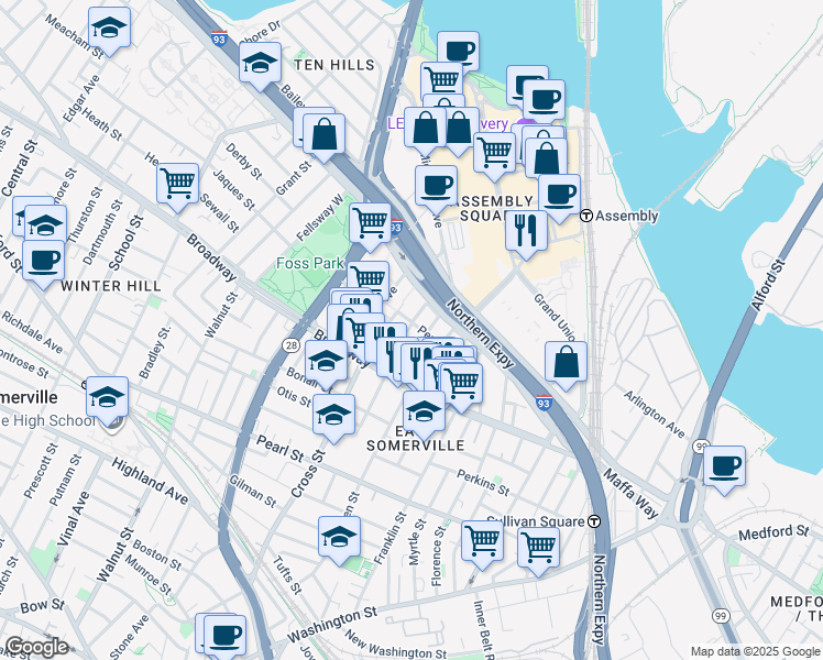 map of restaurants, bars, coffee shops, grocery stores, and more near 39a Minnesota Avenue in Somerville