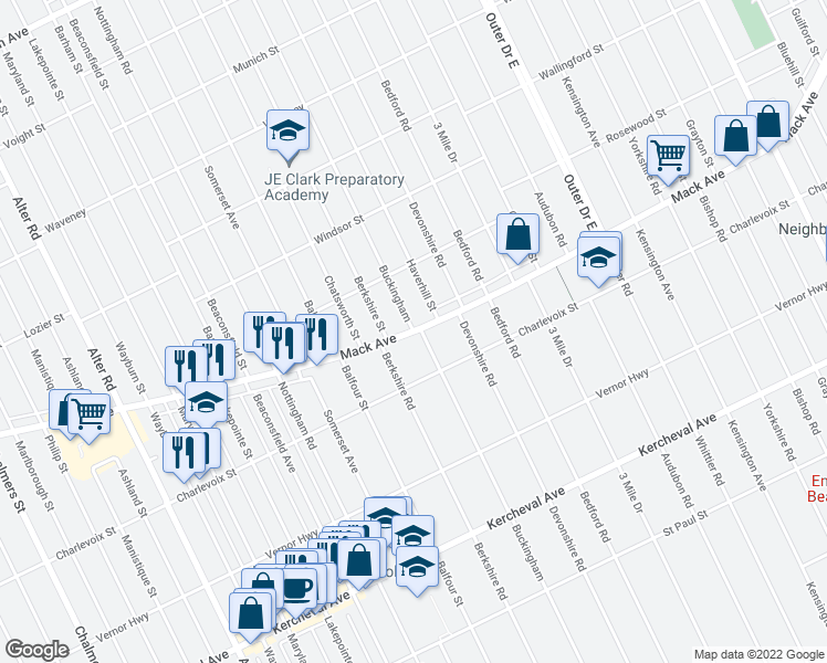 map of restaurants, bars, coffee shops, grocery stores, and more near Mack Ave & Buckingham Rd in Detroit