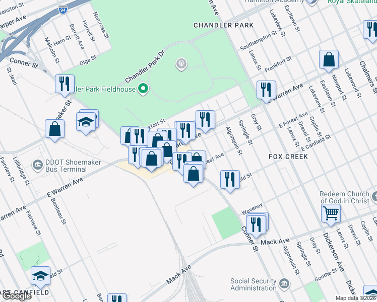 map of restaurants, bars, coffee shops, grocery stores, and more near 12324 East Warren Avenue in Detroit