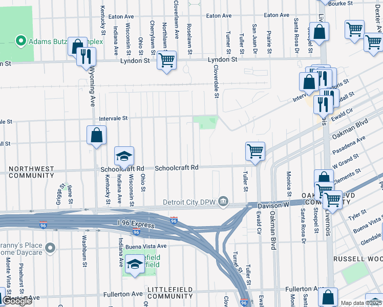 map of restaurants, bars, coffee shops, grocery stores, and more near 13955 Roselawn Street in Detroit