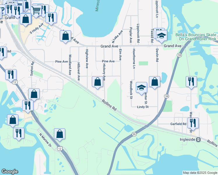 map of restaurants, bars, coffee shops, grocery stores, and more near 53 Hickory Avenue in Fox Lake