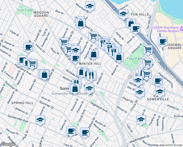 map of restaurants, bars, coffee shops, grocery stores, and more near 13 Howe Street in Somerville