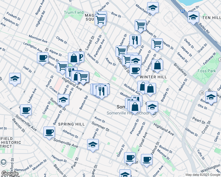 map of restaurants, bars, coffee shops, grocery stores, and more near 9 Willoughby Street in Somerville