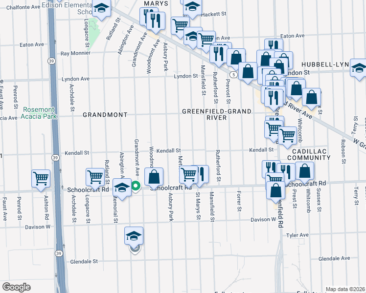 map of restaurants, bars, coffee shops, grocery stores, and more near 14144 Mettetal Street in Detroit