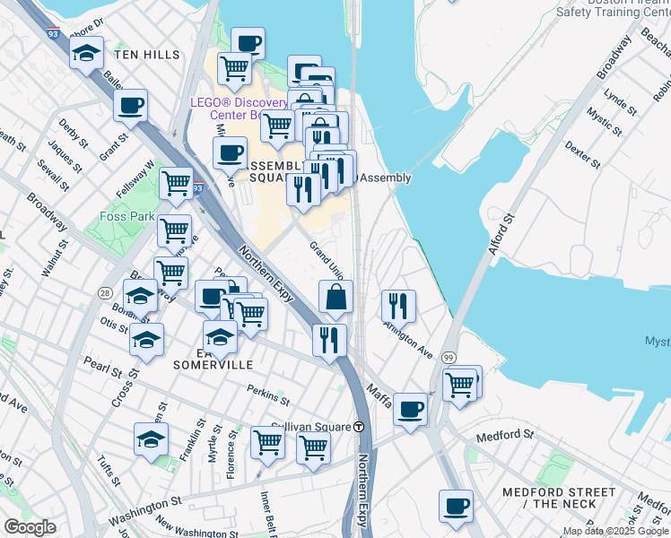 map of restaurants, bars, coffee shops, grocery stores, and more near Assembly Square Drive in Somerville