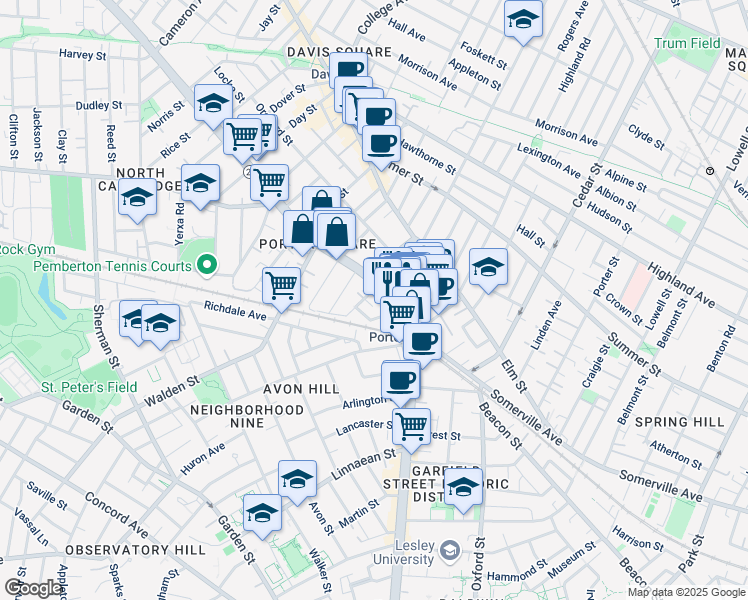 map of restaurants, bars, coffee shops, grocery stores, and more near 1972 Massachusetts Avenue in Cambridge